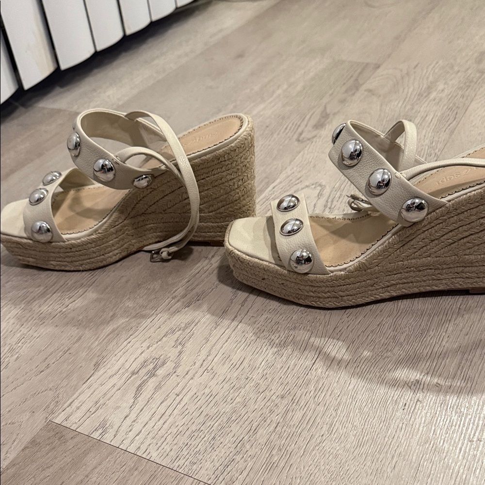 Cinq a Sept Cream Platform Sandals with Silver Accents - Picture 2 of 4